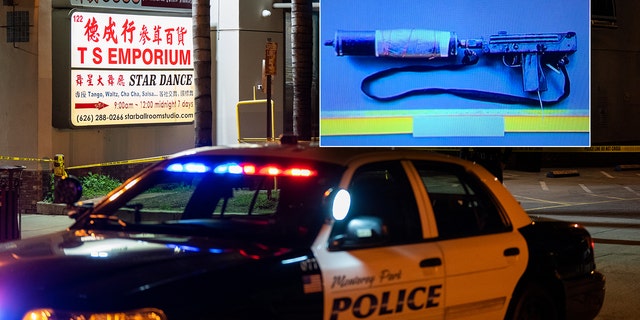 A police car is seen near the scene of a deadly shooting on January 22, 2023, in Monterey Park, Calif. 