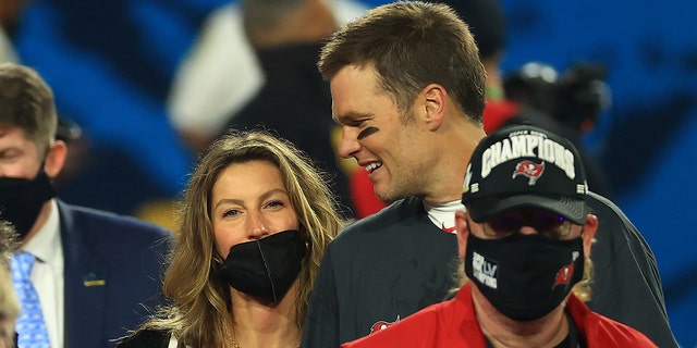 Tom Brady celebrates with Gisele Bundchen after winning Super Bowl LV at Raymond James Stadium on Feb. 7, 2021, in Tampa.