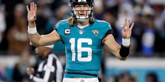 Trevor Lawrence of the Jacksonville Jaguars reacts during the second half of a game against the Los Angeles Chargers in the AFC wild-card playoffs at TIAA Bank Field Jan. 14, 2023, in Jacksonville, Fla.