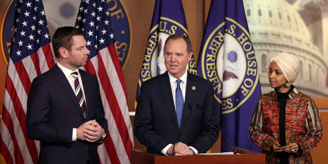 WASHINGTON, DC - JANUARY 25: U.S. Rep. Adam Schiff (D-CA) (C), joined by Rep. Eric Swalwell (D-CA) and Rep. Ilhan Omar (D-MN), speaks at a press conference on committee assignments for the 118th U.S. Congress, at the U.S. Capitol Building on January 25, 2023 in Washington, DC. House Speaker Kevin McCarthy (R-CA) recently rejected the reappointments of Rep. Adam Schiff (D-CA) and Rep. Eric Swalwell (D-CA) to the House Intelligence Committee and has threatened to stop Rep. Ilhan Omar (D-MN) from serving on the House Foreign Affairs Committee. (Photo by Kevin Dietsch/Getty Images)
