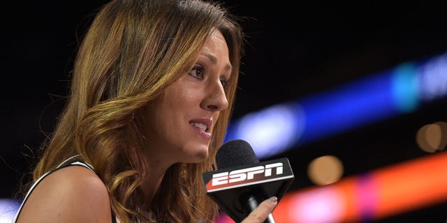 ESPN sideline reporter Allison Williams reports during a game between the Clemson Tigers and the Duke Blue Devils during the second round of the ACC basketball tournament at Barclays Center March 8, 2017, in the Brooklyn borough of New York City.