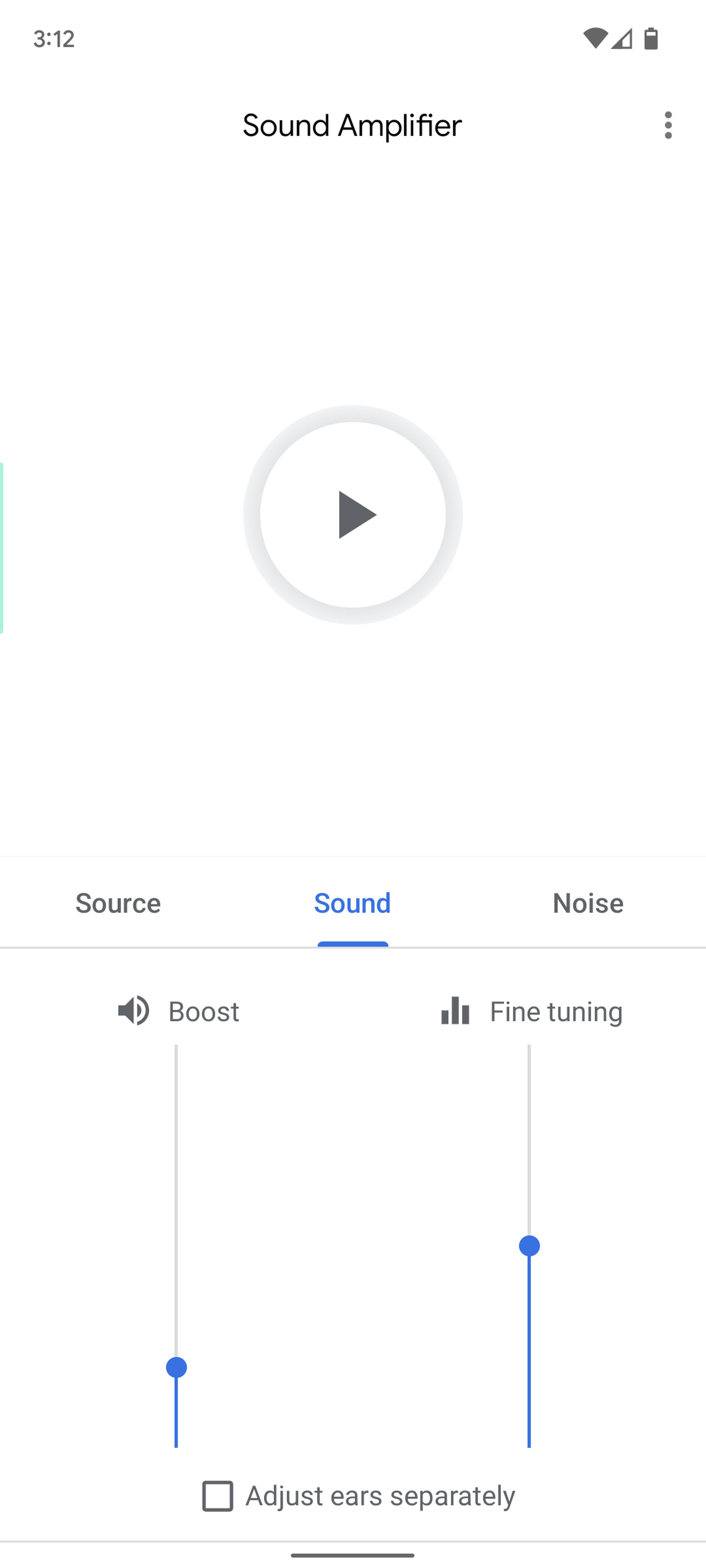 Sound Amplifier page with controls