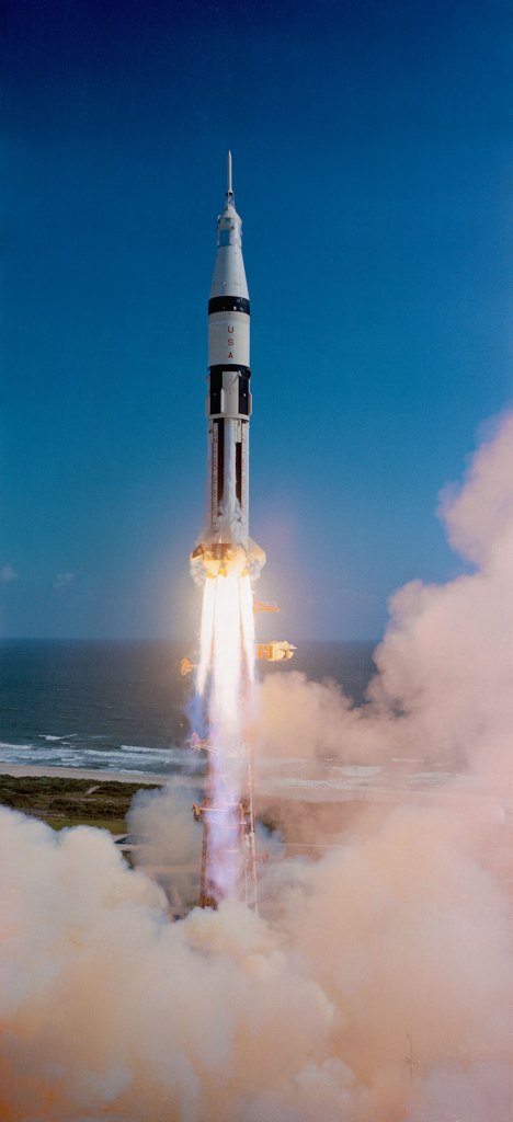 Saturn 1B with Apollo 7 space capsule atop holding astronauts Wally Schirra, Walter Cunningham and Donn Eisele roared away from its Cape Kennedy launch pad.