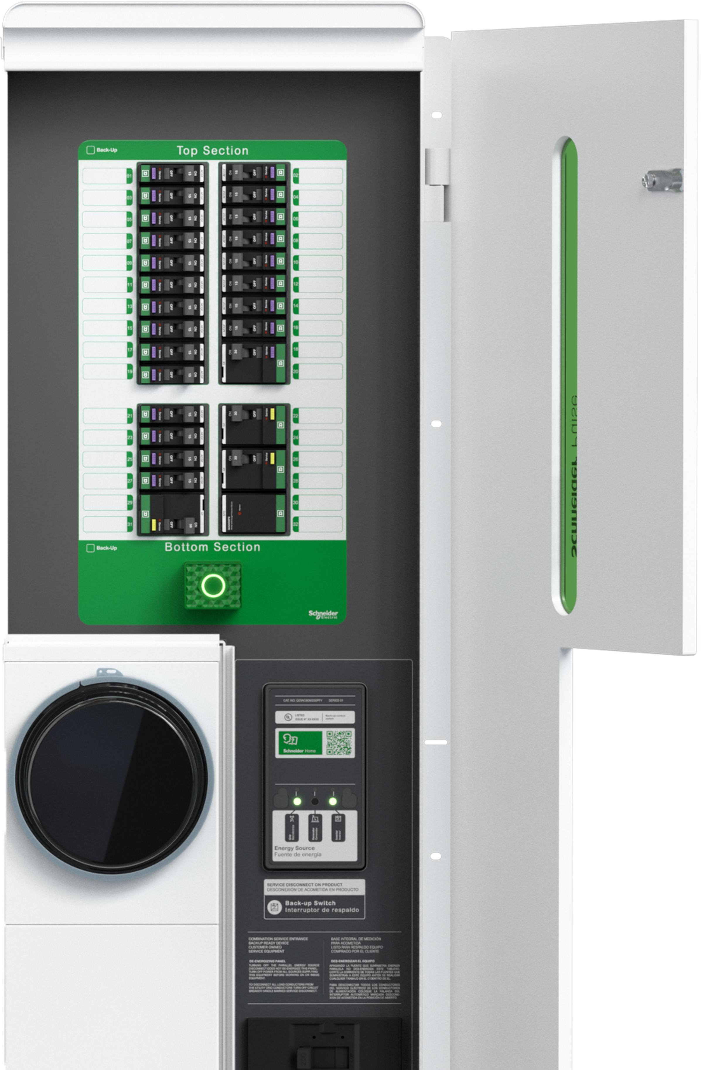 breakers and disconnects visible inside the panel