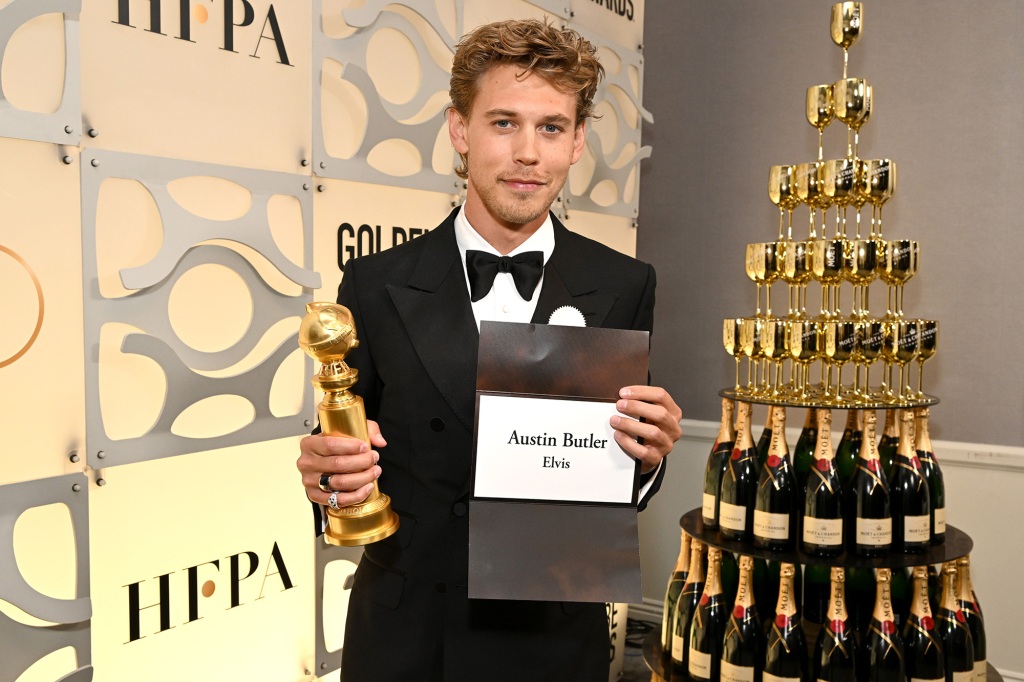 Austin Butler poses with the Best Actor in a Motion Picture – Drama award for "Elvis" a the 80th Annual Golden Globe Awards with Moët And Chandon at The Beverly Hilton on January 10, 2023 in Beverly Hills, California.