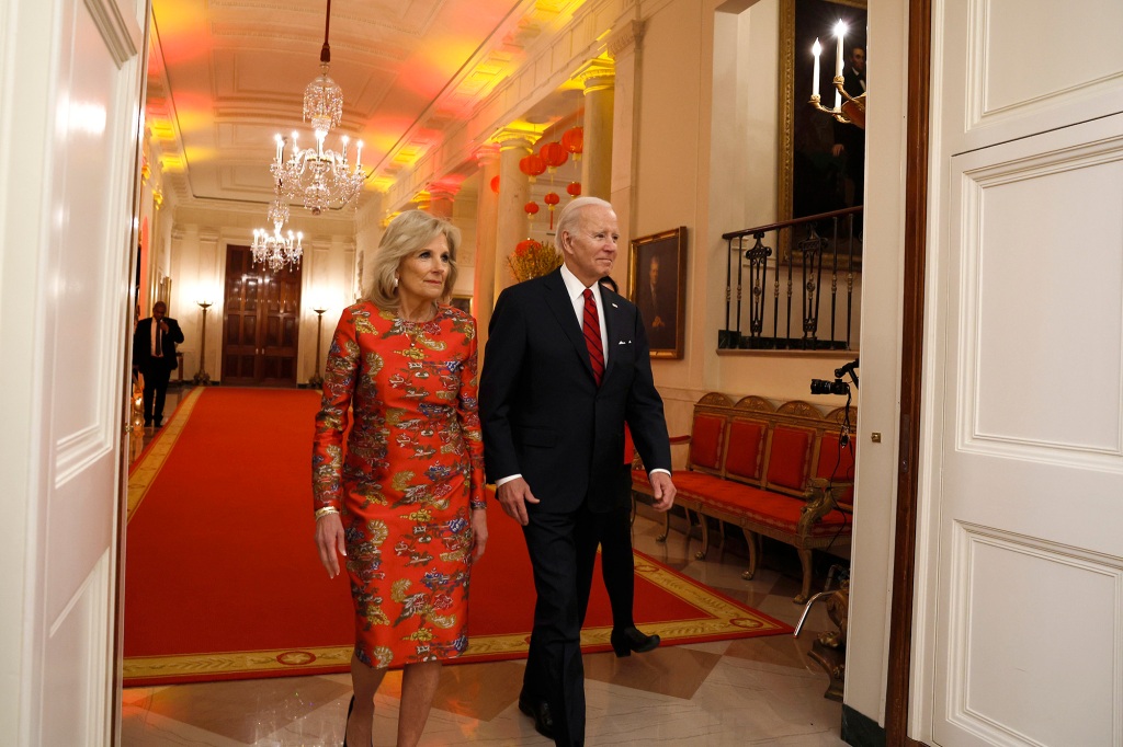 First lady Jill Biden and President Joe Biden arrive for a reception celebrating Lunar New Year in the East Room