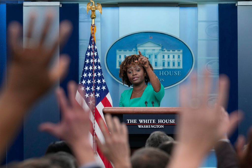 White House press secretary Karine Jean-Pierre speaks during the daily briefing at the White House in Washington, Jan. 18, 2023.