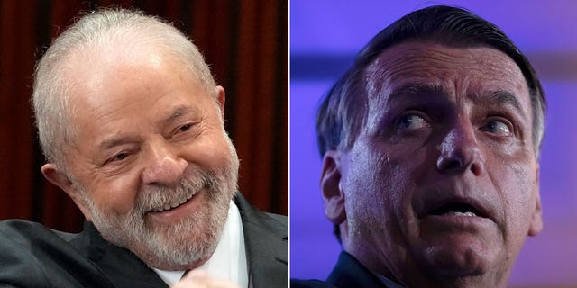 On the left, Brazilian President-elect Luiz Inacio Lula da Silva smiles during his election certification ceremony at the Supreme Electoral Court in Brasilia, Brazil, Monday, Dec. 12, 2022. On the right, then-Brazilian President Jair Bolsonaro participates in a press conference on Oct. 29, 2022, in Río de Janeiro. 