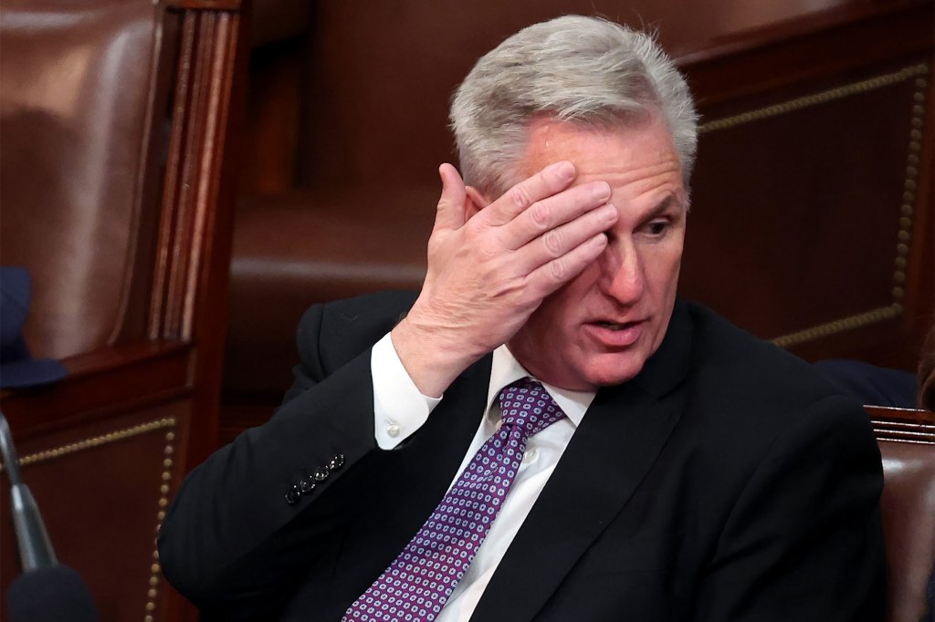 Rep. Kevin McCarthy reacts Wednesday as House members vote on his bid to become speaker. 