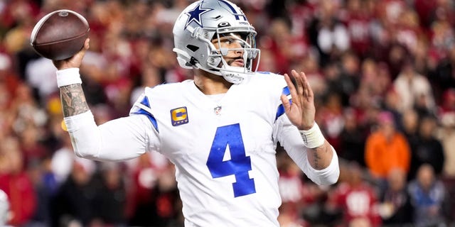 Dak Prescott of the Dallas Cowboys throws a pass against the San Francisco 49ers during the fourth quarter of the NFC divisional round playoff game at Levi's Stadium on Jan. 22, 2023, in Santa Clara, California.