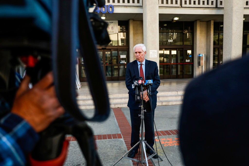 San Mateo County District Attorney Steve Wagstaffe gives a press conference after Dharmesh Patel's court hearing on Monday.