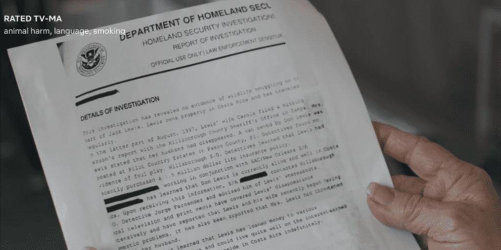 Netflix showed redacted documents allegedly from the DHS that supposedly prove Don Lewis is alive.