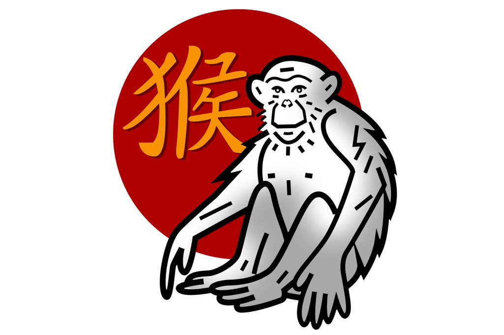 Chinese zodiac sign for year of the monkey with illustrated chimp and Chinese character for monkey