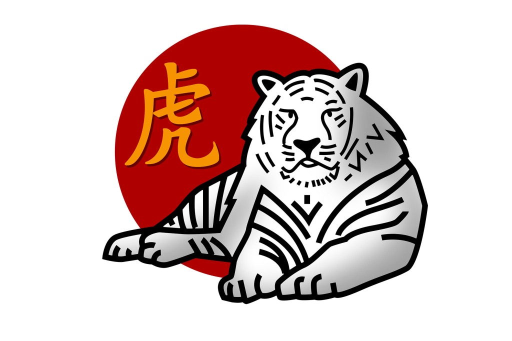 Chinese zodiac sign for year of the tiger with illustrated tiger and the Chinese character for tiger