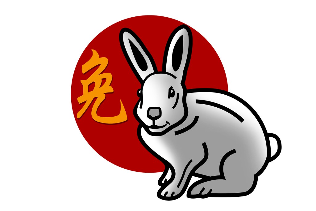 Chinese zodiac sign for year of the rabbit with illustrated rabbit and Chinese character for rabbit