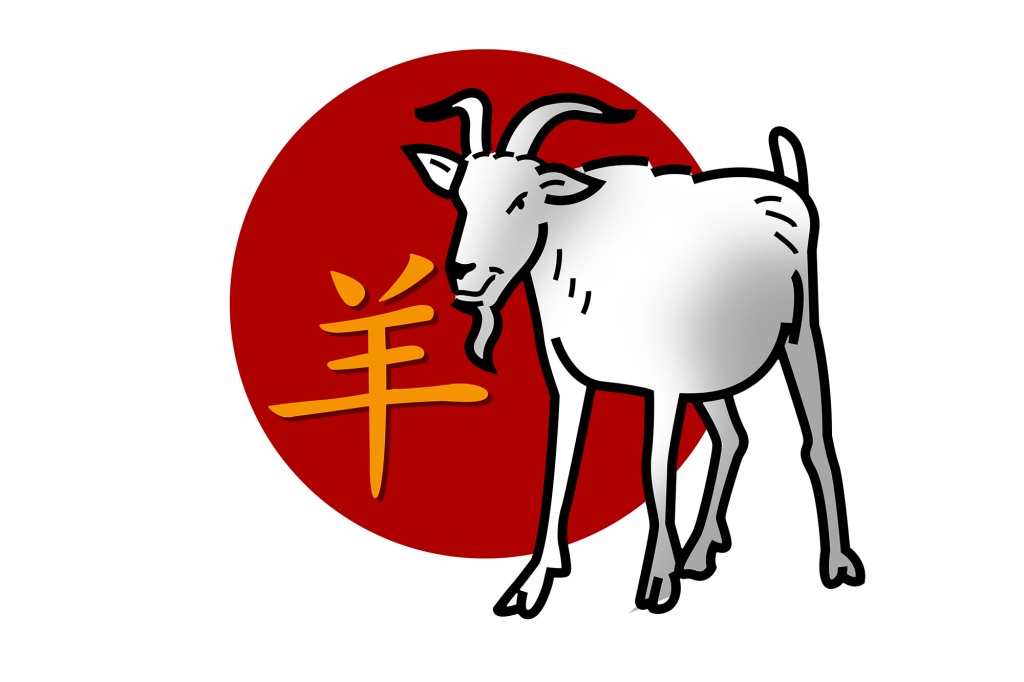 Chinese zodiac sign for year of the goat with illustrated goat and Chinese character for goat