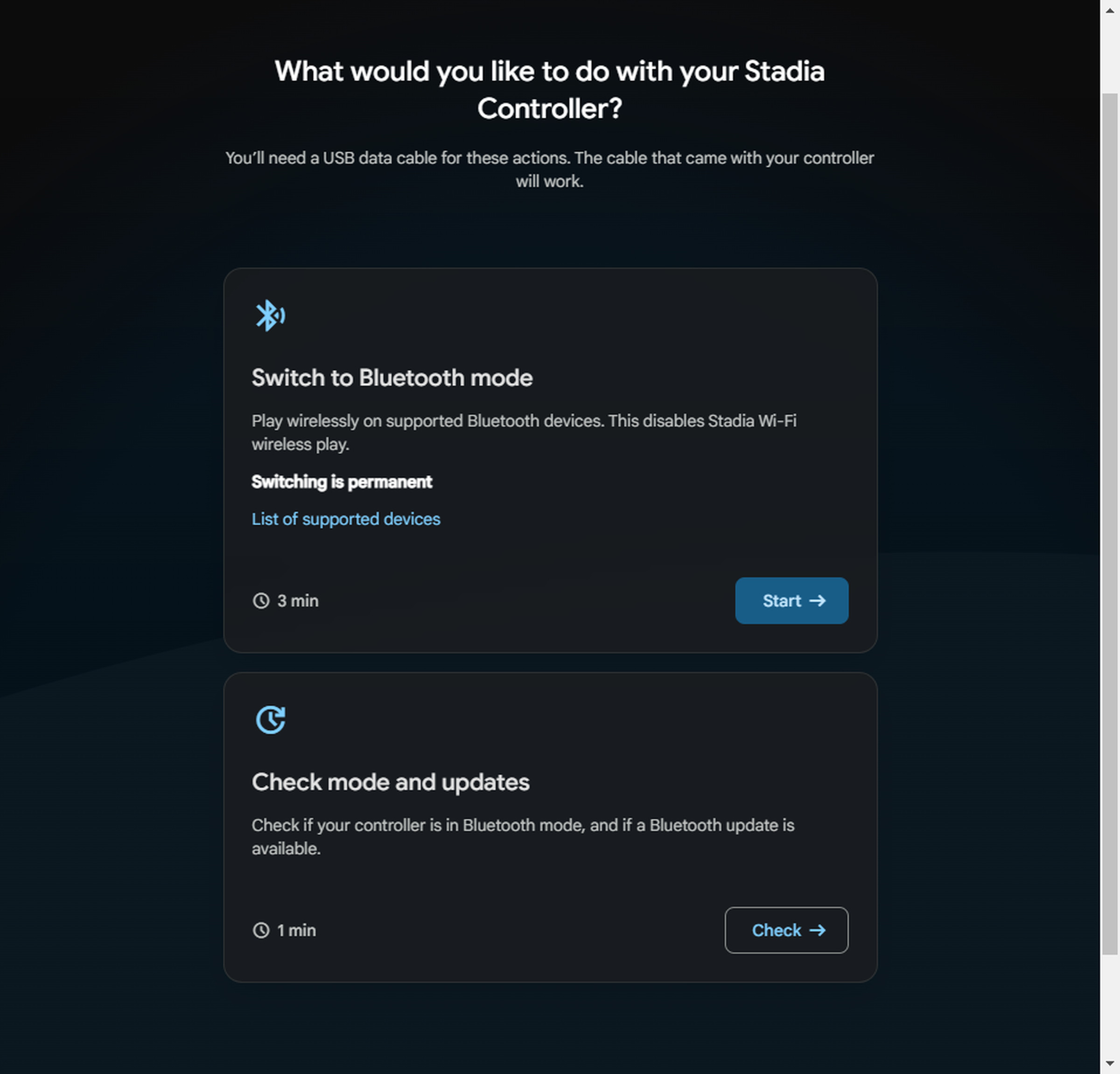 A screenshot showing how to activate your Google Stadia Controller’s Bluetooth mode