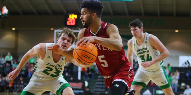 Denver Pioneers guard Coban Porter (5) is shown during the Summit League contest against the North Dakota Fighting Hawks on February 3, 2022, at the Betty Engelstad Sioux Center in Grand Forks, North Dakota.