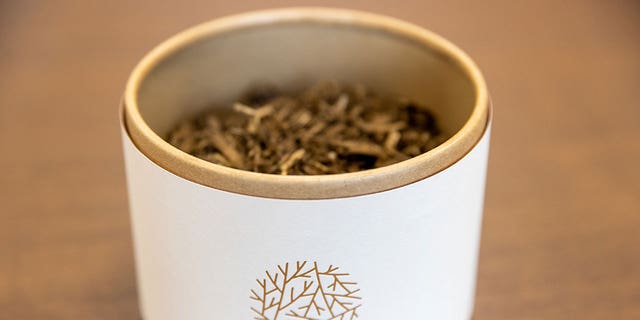 A small box of soil that was once a human sits on a table at Recompose, a green funeral home specializing in human composting at Recompose Seattle on October 06, 2022 in Seattle, Washington. Human composting is also known as natural organic reduction, terramation, or recomposition. 