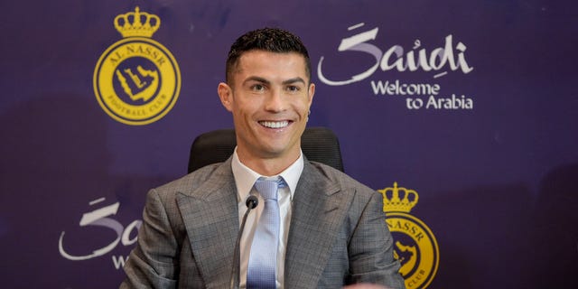 Cristiano Ronaldo attends a press conference during the official unveiling of Cristiano Ronaldo as an Al Nassr player at Mrsool Park Stadium on January 3, 2023 in Riyadh, Saudi Arabia. 