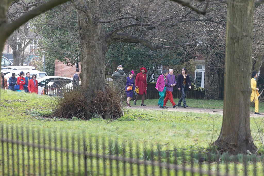 Dominic and numerous extras seen filming scenes for The Crown 