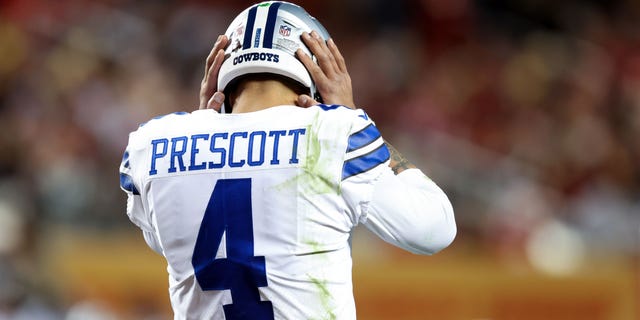 Dak Prescott #4 of the Dallas Cowboys reacts during the second half of the game against the San Francisco 49ers in the NFC Divisional Playoff game at Levi's Stadium on January 22, 2023, in Santa Clara, California.