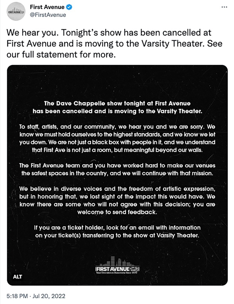 Statement from First Avenue apologizing for booking Chappelle.