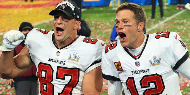 Tom Brady, right, and Rob Gronkowski played together 11 seasons after Gronkowski was drafted by the New England Patriots in 2010.