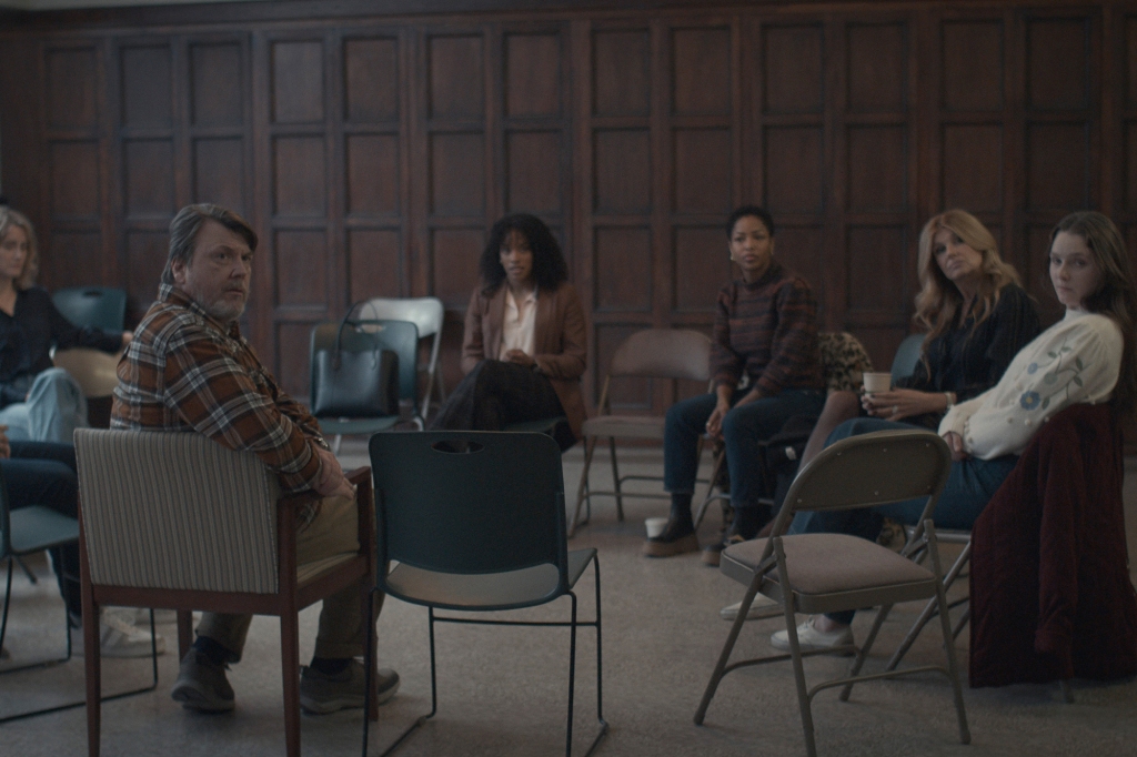 Dario Ladani Sanchez, Taylor Schilling, Douglas M. Griffin, Anna Uzele, Brittany S. Hall, Connie Britton and Amy Forsyth in "Dear Edward" sitting in a circle in folding chairs. 