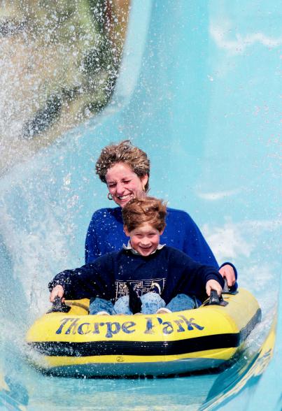 Diana, Princess of Wales, with Prince Harry, on the Depth Charge ride at Thorpe Park, Theme Park, on April 18, 1992 in Chertsey United Kingdom