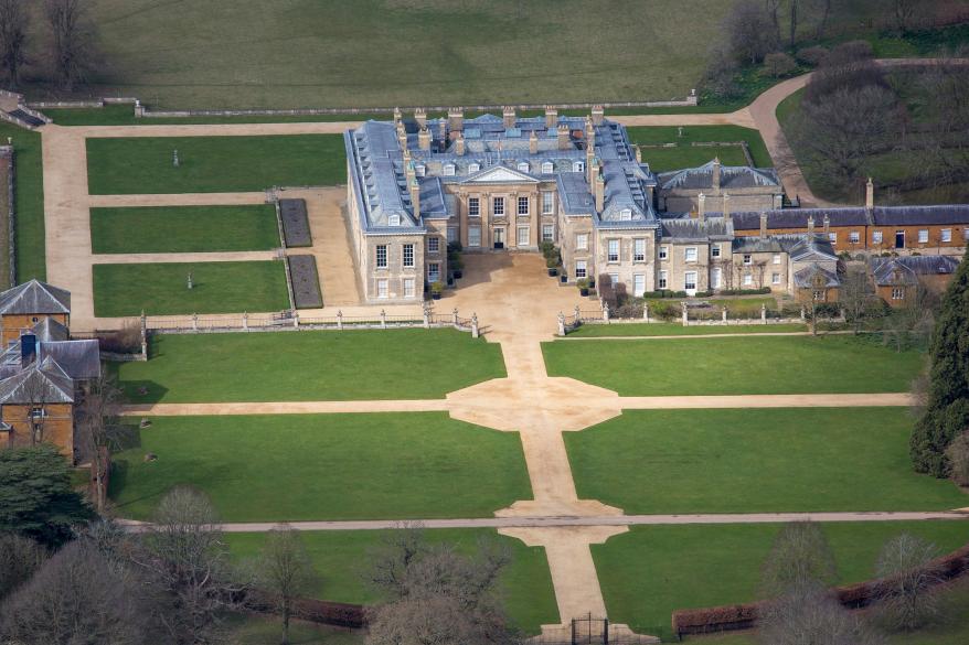 Aerial view of Althorp, this grade 1 listed stately home was the home of Lady Diana Spencer who later became the Princess of Wales, it is located on the Harlestone Road between the villages of Great Brington and Harlestone, 5 miles north west of Northampton.