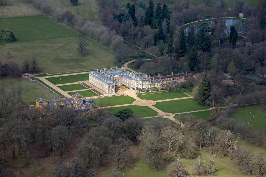 Aerial view of Althorp, this grade 1 listed stately home was the home of Lady Diana Spencer who later became the Princess of Wales, it is located on the Harlestone Road between the villages of Great Brington and Harlestone, 5 miles north west of Northampton.