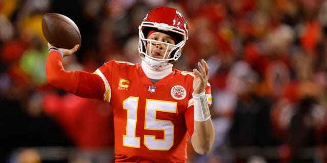 Patrick Mahomes #15 of the Kansas City Chiefs throws a pass against the Cincinnati Bengals during the first quarter in the AFC Championship Game at GEHA Field at Arrowhead Stadium on January 29, 2023 in Kansas City, Missouri.