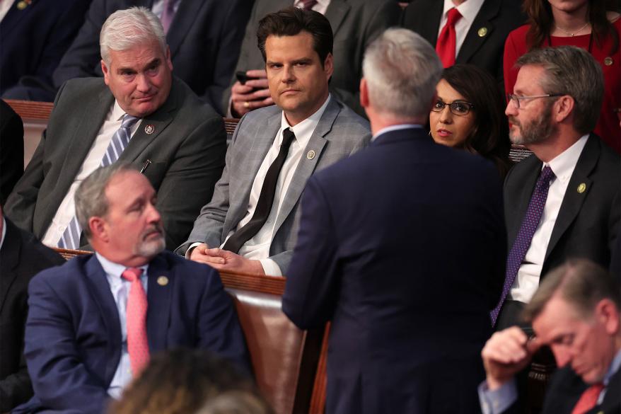 WASHINGTON, DC - JANUARY 06: U.S. Rep.-elect Matt Gaetz (R-FL) looks at House Republican Leader Kevin McCarthy (R-CA) after Gaetz voted "present" in the House Chamber during the fourth day of elections for Speaker of the House at the U.S. Capitol Building on January 06, 2023 in Washington, DC. The House of Representatives is meeting to vote for the next Speaker after House Republican Leader Kevin McCarthy (R-CA) failed to earn more than 218 votes on several ballots; the first time in 100 years that the Speaker was not elected on the first ballot. (Photo by Win McNamee/Getty Images)