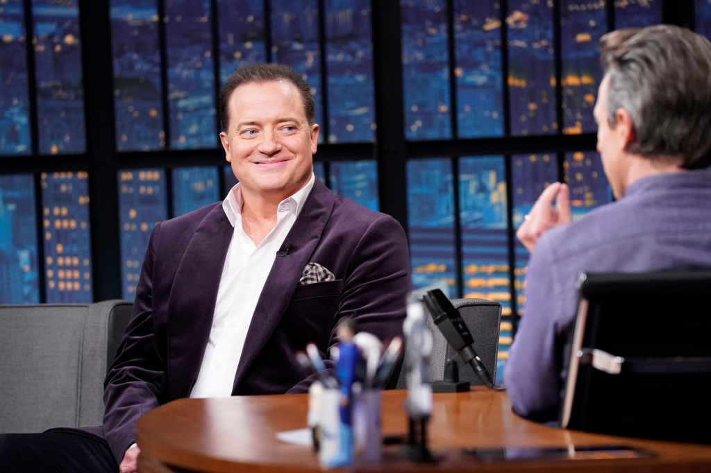 LATE NIGHT WITH SETH MEYERS --  Episode 1371 -- Pictured: Actor Brendan Fraser  during an interview with host Seth Meyers on January 4, 2023 -- (Photo by: Lloyd Bishop/NBC via Getty Images)