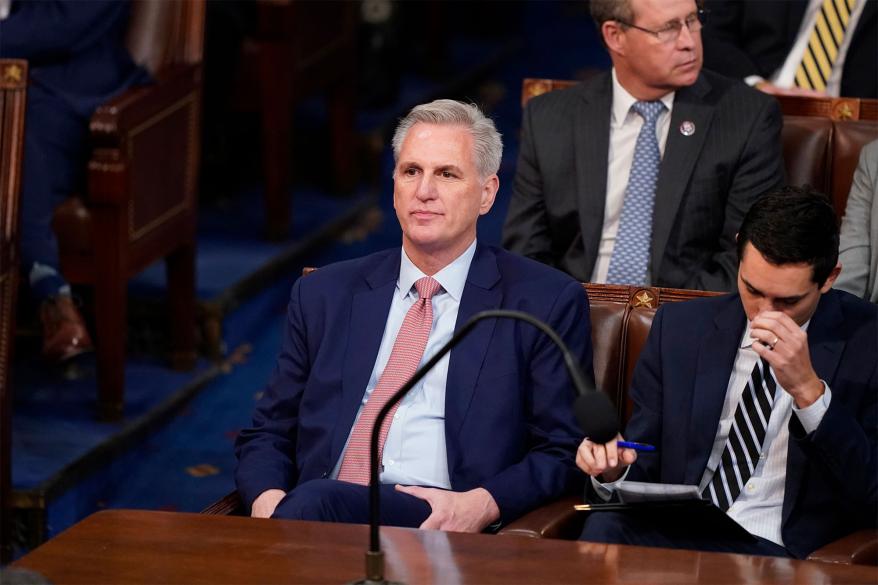 Rep. Kevin McCarthy of Calif. listens as votes are cast for next Speaker of the House during the opening day of the 118th Congress at the U.S. Capitol on Jan. 3, 2023.