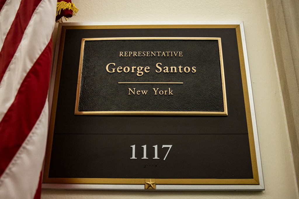 A plaque outside Rep. George Santos' office on Capitol Hill. 