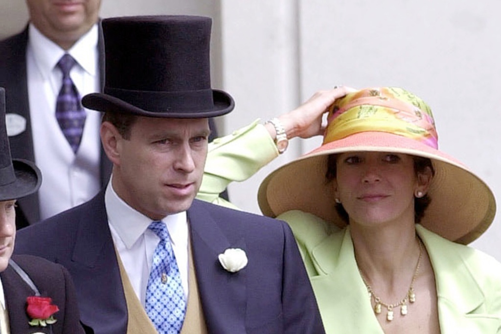 ASCOT, UNITED KINGDOM - JUNE 22:  Royal Ascot Race Meeting Thursday - Ladies Day. Prince Andrew, Duke Of York and Ghislaine Maxwell At Ascot. With them are Edward (far left) and Caroline Stanley (far right), the Earl and Countess of Derby. (Photo by Tim Graham Photo Library via Getty Images)