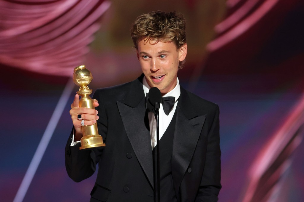Austin Butler accepts the Best Actor in a Motion Picture – Drama award for "Elvis" Tuesday at the Golden Globe Awards.