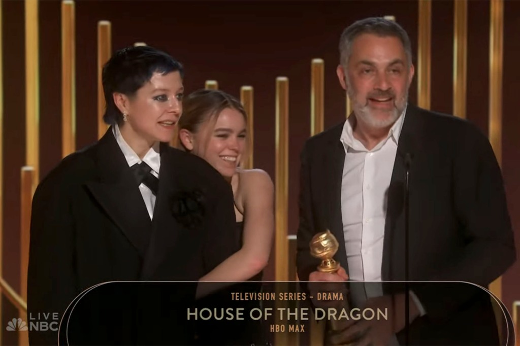 Emma D'Arcy, Milly Alcock, and Miguel Sapochnik accept the win for "House of the Dragon." 