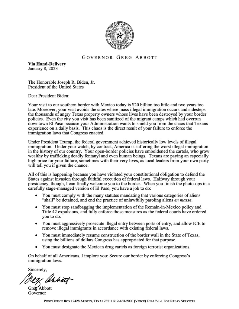 Greg Abbott's letter to President Biden.