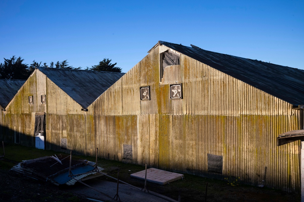 Pictured are buildings at the scene of mass shooting at a mushroom farm in Half Moon Bay, California.