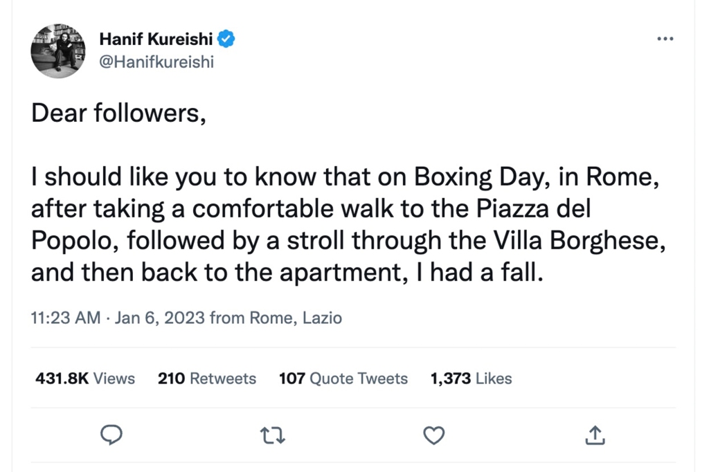 Hanif Kureishi Tweets after fall