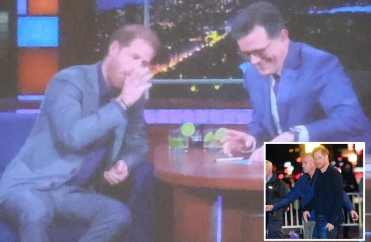 Prince Harry downs tequila shots with Stephen Colbert who mercilessly mocked him