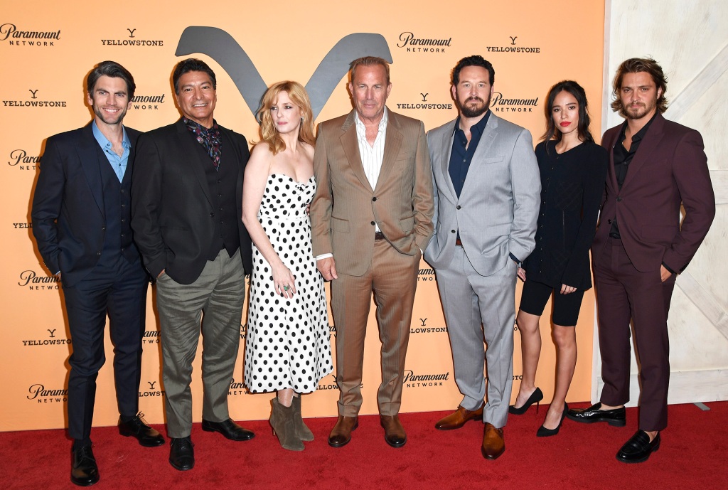 Wes Bentley, Gil Birmingham, Kelly Reilly, Kevin Costner, Cole Hauser, Kelsey Chow and Luke Grimes attend Paramount Network's "Yellowstone" Season 2 Premiere Party at Lombardi House on May 30, 2019 in Los Angeles, California.