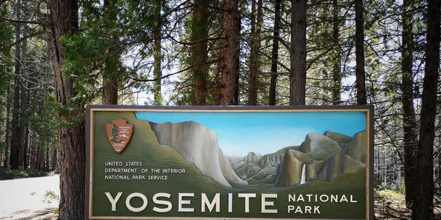 October 8, 2018, Yosemite - California, United States: Sign at the entrance of yosemite National Park from Big Oak Flat Road CA-120