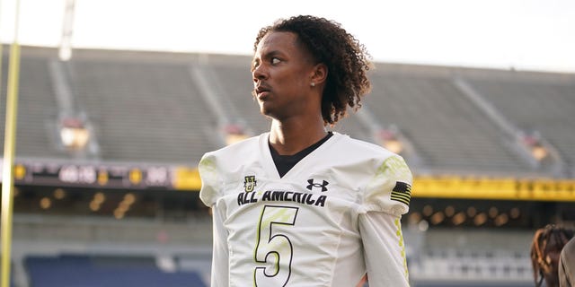 Team Speed quarterback Jaden Rashada (5) before the Under Armour Next All-America Football Gameon January 3, 2023, at Camping World Stadium in Orlando, FL.