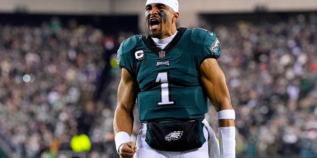 Jalen Hurts #1 of the Philadelphia Eagles reacts prior to a game against the New York Giants in the NFC Divisional Playoff game at Lincoln Financial Field on Jan. 21, 2023 in Philadelphia, Penn.