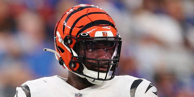 Joseph Ossai, #58 of the Cincinnati Bengals, looks on during the first half of a preseason game against the New York Giants at MetLife Stadium on Aug. 21, 2022 in East Rutherford, New Jersey.