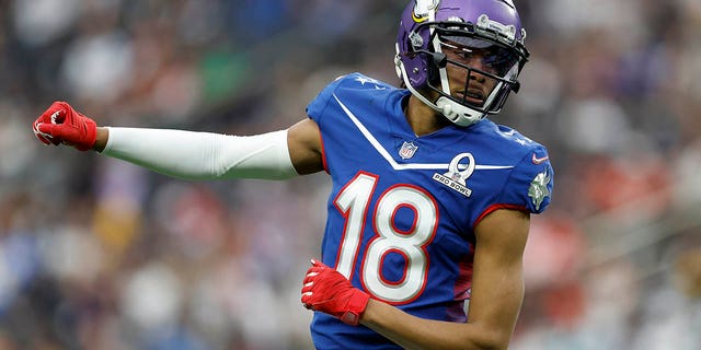 Justin Jefferson #18 of the Minnesota Vikings and NFC reacts in the first quarter of the 2022 NFL Pro Bowl against the AFC at Allegiant Stadium on February 06, 2022 in Las Vegas, Nevada. 